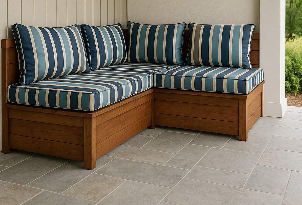 Пошив сидений из уличной ткани в полоску на веранду Пошив сидений из уличной ткани в полоску на веранду